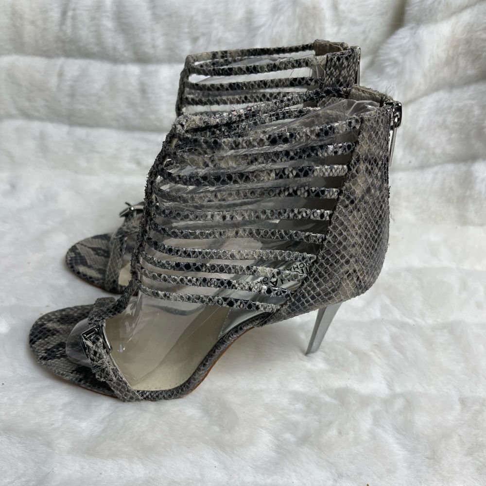 Michael Kors leather snake skin print beige and gray cage T Straps heels size9M
